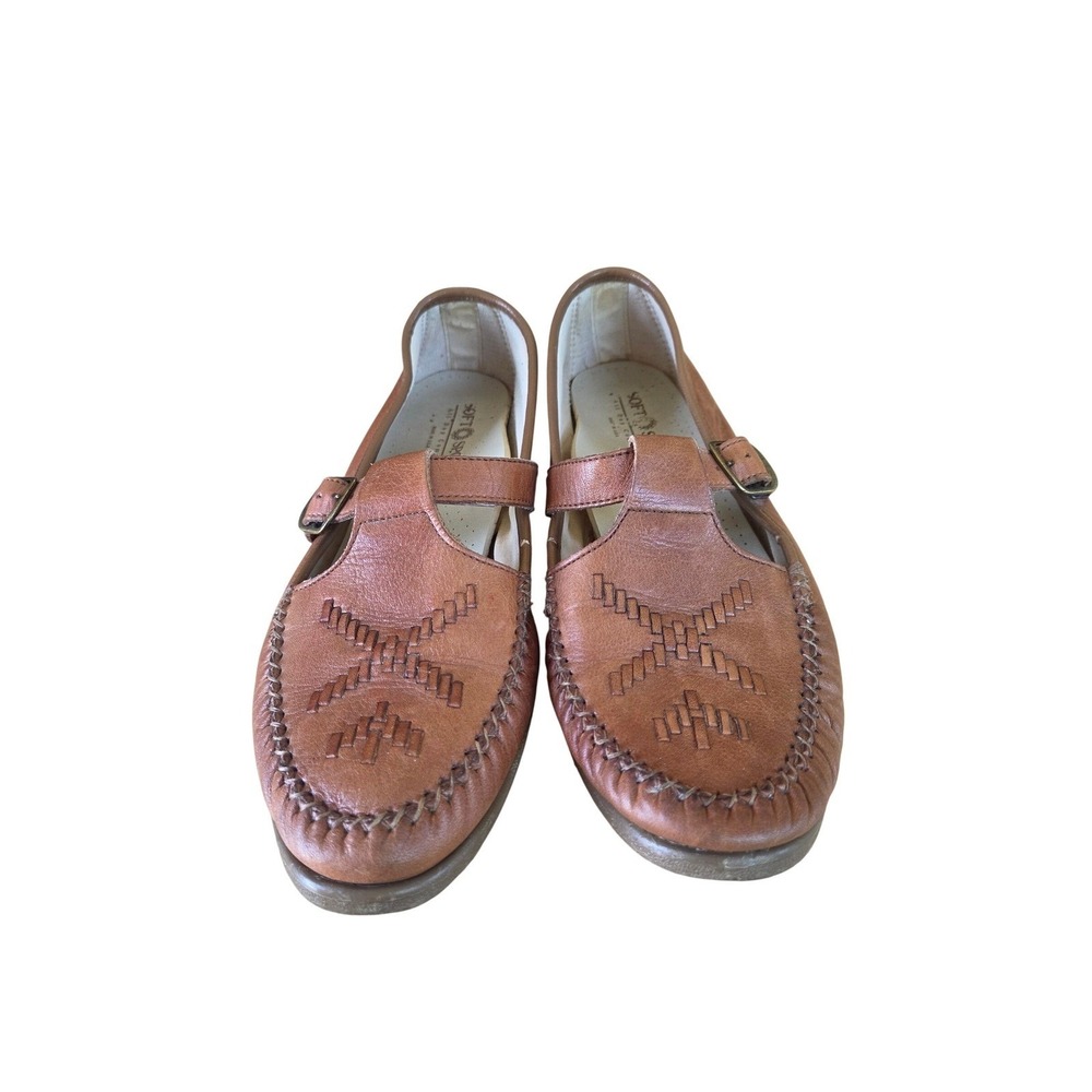Soft Spots Brown Leather Mary Jane Loafers Woven Whipstitch Flats 9 N 490551